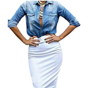 J. CREW Blue Denim Pearl Snap Shirt Medium Wash Distressed Preppy Western XS